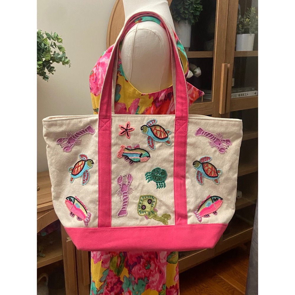 America & Beyond "Underwater Tales" Beaded Boat Tote Coastal Cottage Core Canvas